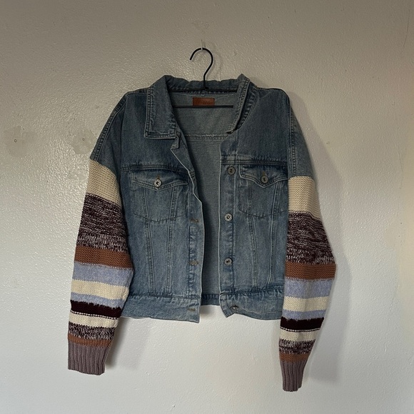 Umgee Denim Jacket with Knit Sleeves - Picture 1 of 3